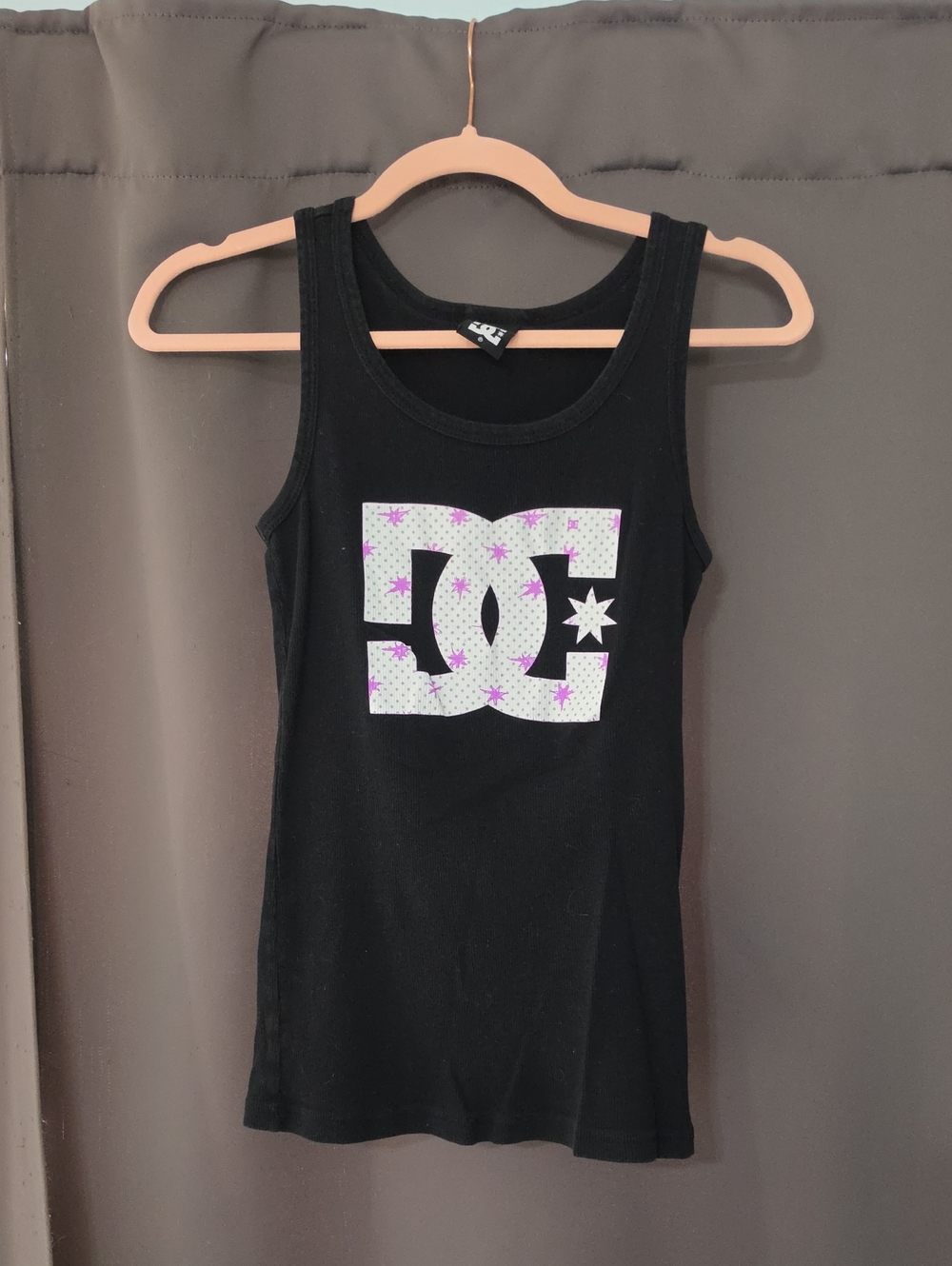 DC Black Tank Top with White Logo and Purple Stars